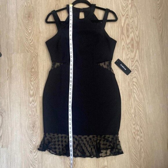 BEBE Black Mesh Panel Bodycon Dress Size 8 Cut-Out Sheer Star Detail Night Out - Picture 14 of 16